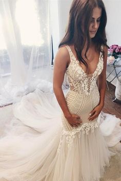 Vintage Mermaid V Neck Backless Tulle Wedding Dress - Wedding Dresses Sleeveless Wedding Dresses, Backless Lace Wedding Dress, Pnina Tornai, Backless Wedding, Lace Mermaid, Dresses Elegant, Backless Wedding Dress, Wedding Inspirations, Tulle Wedding