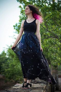 Galaxy Constellations Print Maxi Skirt Celestial Fashion Long | Etsy Constellation Outfit, Stars Costume, Fashion Long Skirt, Celestial Fashion, Galaxy Outfit, Purple Stars, Maxi Skirts Summer, Outfit References, Spring Formal