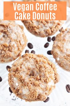 three vegan coffee cake donuts on a plate