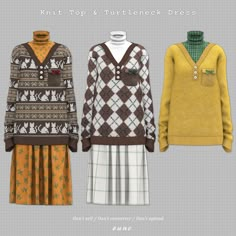 three sweaters and dresses are shown in four different colors, with the same pattern on them