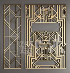 an art deco book cover with geometric shapes and lines in gold, on a gray background