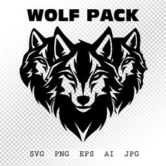 two wolfs face with the words wolf pack on it's side, in black and