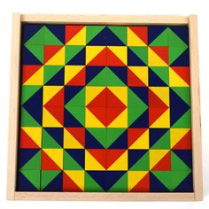 a wooden frame with an abstract design made out of colored squares and rectangles