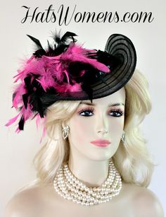 Ladies Black Satin Rolled Up Sheer Horsehair Crinoline Brim Designer Custom Made Victorian Edwardian Carriage Driving Riding Wedding Hat. This Beautiful Equestrian Formal Fashion Hat Is Trimmed With Black And Hot Pink Feathers. A Thick Band Of Black Sequin Encircles The Crown Of This Special Occasion Dress Hat. This Elegant Hat Is Suited For Winter, Spring, Summer Or Fall. A Perfect Cocktail Hat For The Holidays. This Fashion Hat Is Appropriate To Wear To Church, Formals, Funerals, And Special O Elegant Hat, Bespoke Hats, Sequin Hat, Dressy Hats, Carriage Driving, Royal Ascot Hats, Veiled Hats, Couture Hats, Formal Fashion