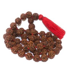 Large Rudraksha Necklace IndiOdyssey Wooden Beads Mala For Rituals And Festivals, Traditional Wooden Beads Mala For Puja, Handmade Mala For Diwali Meditation, Traditional Mala With Wooden Beads For Puja, Handmade Mala For Meditation And Diwali, Festival Spiritual Hand-knotted Mala, Red Beaded Mala For Meditation, Red 8mm Beads Spiritual Mala, Red Mala For Meditation