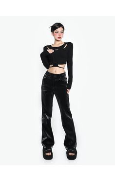 Applicable age: 18-24 years old Size: S M L Style: Commuter Commuter: Korean Women's trousers waist height: high waist color: black Item number: X22K5766 Season of the Year: Winter 2022 Thickness: Regular Length: trousers Women's pants type: straight pants Material composition: PU High Waist Black Winter Pants, Chic Black Wide Leg Pants For Streetwear, Trendy Black High Waist Wide Leg Pants, Trendy Black High-waisted Pants, Black High Waist Wide Leg Pants For Winter, Black High Waist Edgy Bottoms, Chic Black Bottoms For Streetwear, Trendy High Waist Black Bottoms, Trendy Full Length Black Bottoms