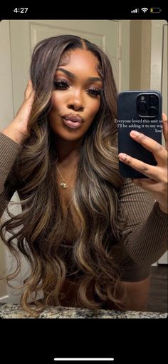 Ombre Brown Wig Black Women, Brown Blonde Sew In, Highlighted Hair Black Women, Brown Hair Color Ideas For Black Women Dark Skin, Chocolate Hair Blonde Highlights, Bayalage Blonde Black Women, Balayage For Dark Brown Hair Black Women, Honey Brown Weave Black Women, Highlights Brown Hair Sew In