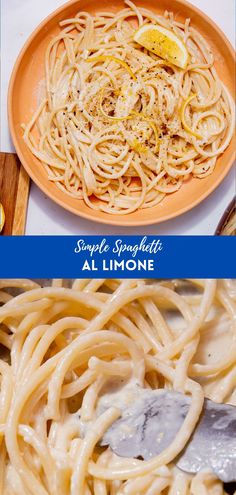 two pictures with different types of food on them, one has lemon and the other has pasta