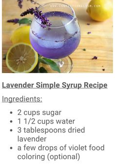 the recipe for lavender simple syrup recipe is shown in two separate pictures, with lemons and