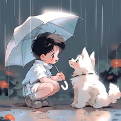 a little boy kneeling down next to a white dog under an umbrella