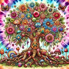 Peace And Love Hippie, Peace Sign Art Hippie, Peace Tree, Peace Love And Happiness, Boho Tree, Peace Sign Art, Butterfly Art Painting, Tree Of Life Art, Psychadelic Art