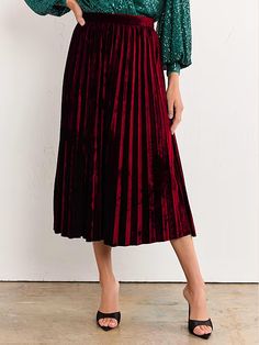 Pleated Velvet Midi Skirt - Flying Tomato | New York & Company Velvet Midi Skirt, Flying Tomato, The Velvet, Flowy Skirt, Velvet Fabric, Classic Looks, Wedding Guest Dress, Custom Fit, Work Outfit