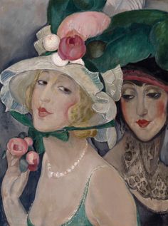 two women with hats and flowers on their heads, one holding a flower in her hand