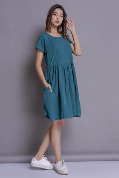 Short sleeved Dress Teal Linen dress Summer dress Knee | Etsy Casual Cotton Midi Dress Knee-length, Casual Cotton Knee-length Midi Dress, A-line Dress With Pockets For Daywear, Spring Workwear Midi Dress With Side Pockets, Casual Solid Color Dresses With Pockets, Knee-length Midi Dress For Work, Casual Solid Dresses With Pockets, Blue Relaxed Fit Dress, Blue Relaxed Fit Solid Color Dress