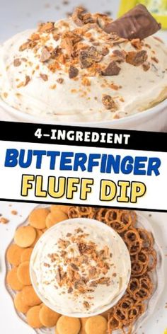 a dessert with white frosting and chocolate chips on top, next to the words butterfingerer fluff dip