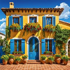 a yellow house with blue shutters and flowers