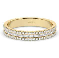 a yellow gold wedding band with two rows of diamonds on the side and one row of white