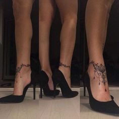 two women's legs with tattoos on them and one is wearing high heeled shoes