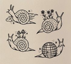 four snails with different designs on them