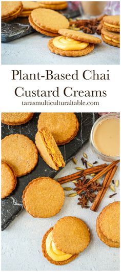 Plant-Based Chai Custard Creams next to cinnamon, star anise, cardamom, cloves, and a cup of Chai.