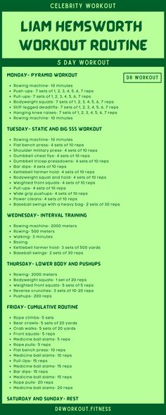 Liam Hemsworth’s Workout Routine Dr Workout, Full Body Bodyweight Workout, Celebrity Workout Routine, Celebrity Workouts, 5 Day Workouts, Dana Lynn, Pyramid Workout, Workout Training Programs