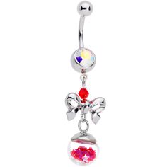 14 Gauge (1.6mm), 3/8" (10mm), 316L Surgical Grade Stainless Steel Curved Barbell, 5mm-8mm Ball Ends Aurora Red Gem Snow Globe Bow Christmas Dangle Belly Ring Wrap your belly piercing with a holiday bow with this 14 gauge navel ring! It's made with a 3/8" durable 316L surgical grade stainless steel curved barbell with a 5mm top ball end. The bottom ball end is 8mm and set with a large aurora color gem. Dangling beneath it is a red gem just above a bow charm, in matching silver tone. Beneath the Red Snow, Belly Piercing Jewelry, Ring Wrap, Jewelry Piercing, Bow Charm, Navel Jewelry, Dangle Belly Rings, Bow Christmas, Navel Ring