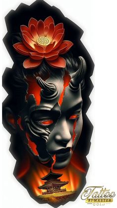 a woman's face with red flowers in her hair and an artistic tattoo design