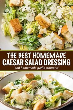 the best homemade caesar salad dressing and homemade garlic croutons are on this plate