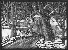 a black and white drawing of snow covered trees near a road with houses in the background