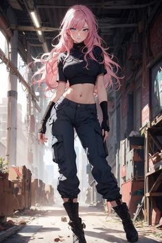 a woman with pink hair is standing in an alley