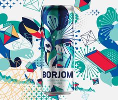 a can of boroni beer surrounded by colorful geometric shapes and lines on a white background