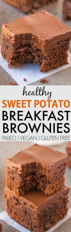 healthy sweet potato breakfast brownies with chocolate frosting on top and in the middle