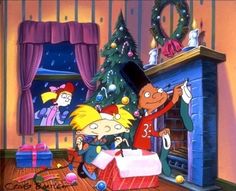 the rugrats are getting ready to open their presents in front of the christmas tree