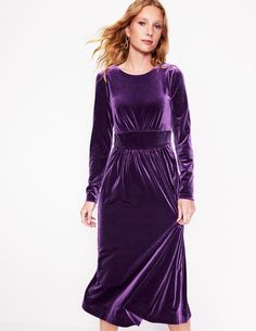 Defined Waist, Purple Midi Dress, Velvet Midi Dress, Boden Uk, Slim Fit Casual Shirts, Ruched Bodice, Big Party, Free Flowing, Newborn Dresses