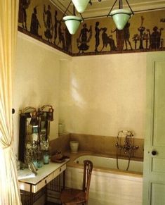 a bath room with a tub and a chair