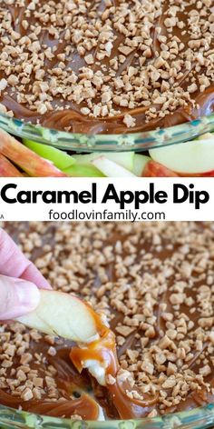 caramel apple dip in a glass dish with apples and pecans