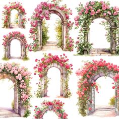 a bunch of pink flowers growing out of an archway