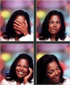 four pictures of a woman smiling and holding her hands to her face