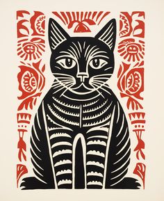 a black cat sitting in front of a red and white background with ornate designs on it