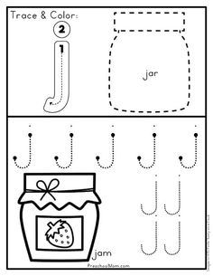 trace and color worksheet for preschool with letter j in the box, strawberry jam