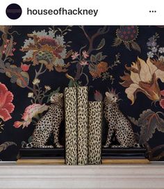 two leopard print boots are sitting on a shelf in front of a floral wallpaper