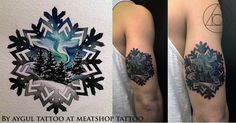 two tattoos with different designs on the arms and arm, one has an image of snowflakes