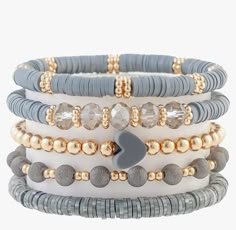 Trendy Bracelets Diy, Clay Bead Bracelet Sets Ideas, Circle Bead Bracelet Ideas, Cute Heishi Bracelets Ideas, Grey Clay Bead Bracelet, Diy Glass Bead Bracelet Ideas, Bracelet Ideas Clay Beads Aesthetic, Trendy Colorful Heishi Beads Bracelets, Trendy Stackable Heishi Bead Bracelets