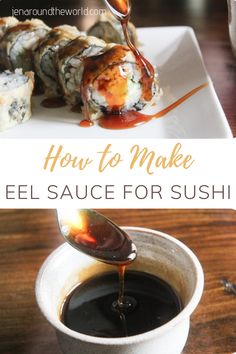 sushi is being drizzled with sauce on the side and in a white bowl