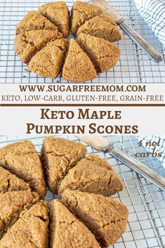 keto maple pumpkin scones on a cooling rack with text overlay that reads