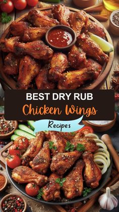 the best dry rub chicken wings recipe is shown on a platter with vegetables and sauces