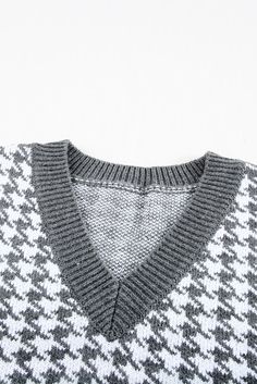 Gray V Neck Argyle Plaid Knitted Sweater Vest Casual Jacquard Knit Sweater Vest For Winter, Jacquard Knit Sweater Vest For Fall, Fall Jacquard Knit Sweater Vest, V-neck Jacquard Knit Sweater Vest For Fall, Fall Jacquard Knit V-neck Sweater Vest, Houndstooth Sweater Vest, Knitted Sweater Vest, Houndstooth Sweater, Casual Knitwear