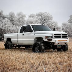 a white pickup truck parked in a field