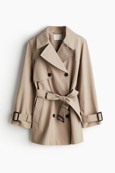 Short  double-breasted trench coat in woven fabric. Notched lapels  buttons at front  and a storm flap at front and back. Long sleeves with an adjustable tab at cuffs  welt side pockets  and a wide  removable waist belt with covered buckle. Vent at back. Lined. Fall Office Pea Coat With Belted Cuffs, Double-breasted Gabardine Outerwear For Work, Chic Double-breasted Pea Coat With Belted Cuffs, Belted Outerwear With Notch Lapel For Fall, Fall Outerwear With Belted Notch Lapel, Fall Outerwear With Belt And Notch Lapel, Spring Workwear Pea Coat With Belted Cuffs, Spring Belted Pea Coat With Lapel Collar, Fall Notch Lapel Belted Outerwear