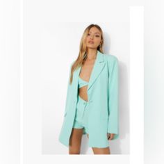 Boohoo Relaxed Fit Blazer. Color Is Mint. Size 12. This Is Nwt. Trendy Green Blazer For Day Out, Summer Blue Blazer For Day Out, Blue Summer Blazer For Day Out, Blue Blazer For Summer Day Out, Chic Blue Blazer For Summer, Suits For Wedding, Ruched Sleeve Blazer, Blazer And Skirt Set, Houndstooth Coat